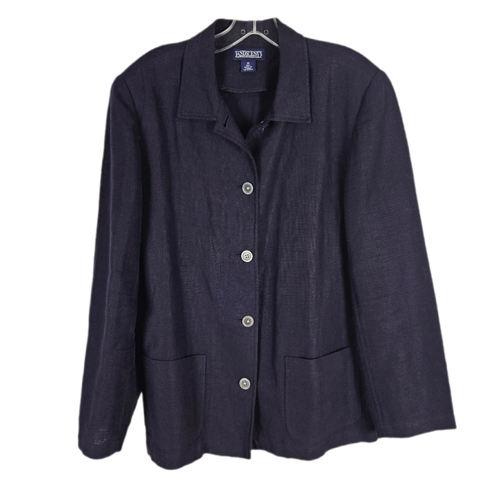 Lands End Jacket Linen Blend Womens 12 Tall Navy Blue Pocket Lagenlook Button Up